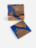 Coaster set with matching holder Wood with Blue Epoxy Resin River