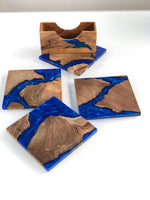 Coaster set with matching holder Wood with Blue Epoxy Resin River