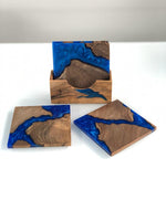 Coaster set with matching holder Wood with Blue Epoxy Resin River