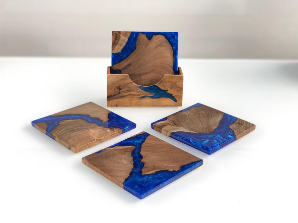 Coaster set with matching holder Wood with Blue Epoxy Resin River